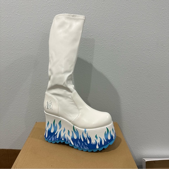 NWT YRU Y.R.U. White Zen Flame Boots blue fire knee high platform gogo - Picture 9 of 11